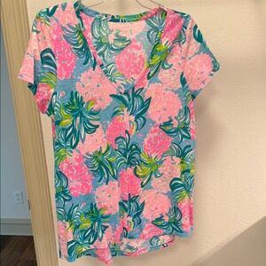 Lilly Pulitzer Pink and Green Floral V-Neck Tee